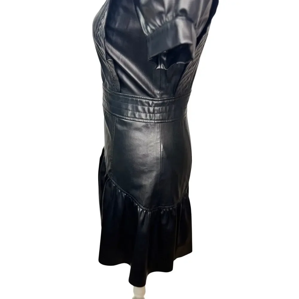 Zara Faux Leather Mini Dress Black Women's XS Ruffle Puff Flounce Hem Coquette - Picture 7 of 16